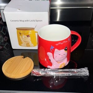 Mug W/Lid & Spoon With Calico Cat